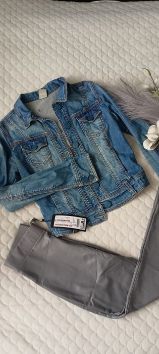 Komplet damski kurtka jeansowa katana i legginsy skórzane