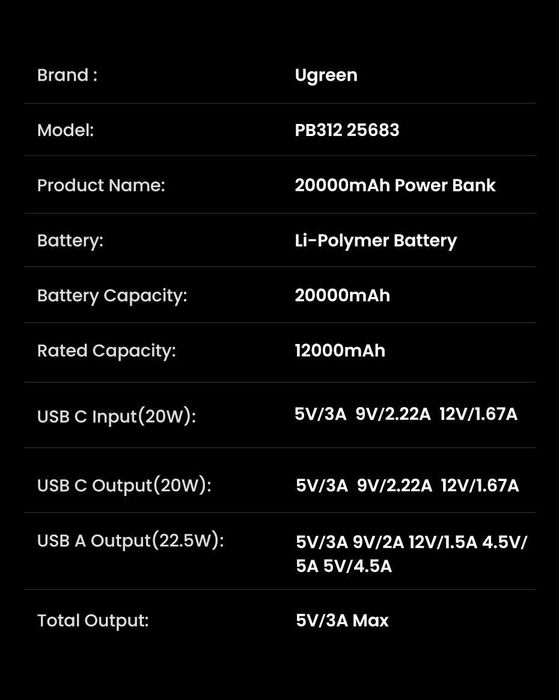 Powerbank Ugreen 20000 mah