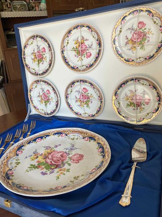 Conjunto porcelana vintage padrão folha de ouro sobremesa c caixa