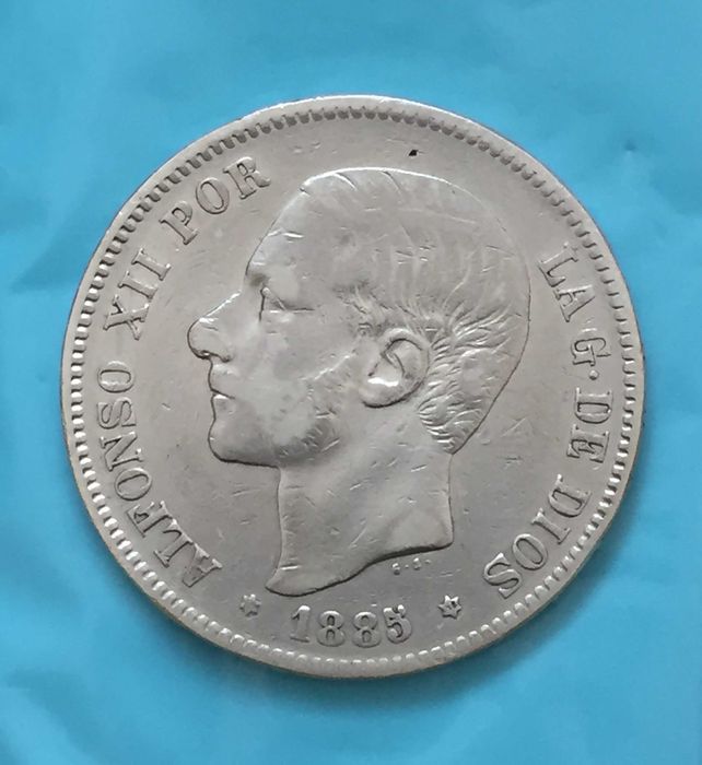 Espanha 5 Pesetas 1885 MS-M, Alfonso XII, prata