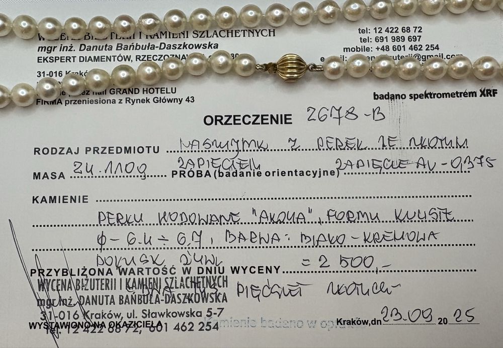 Retro naszyjnik perły akoya złoto 9 k Certyfikat
