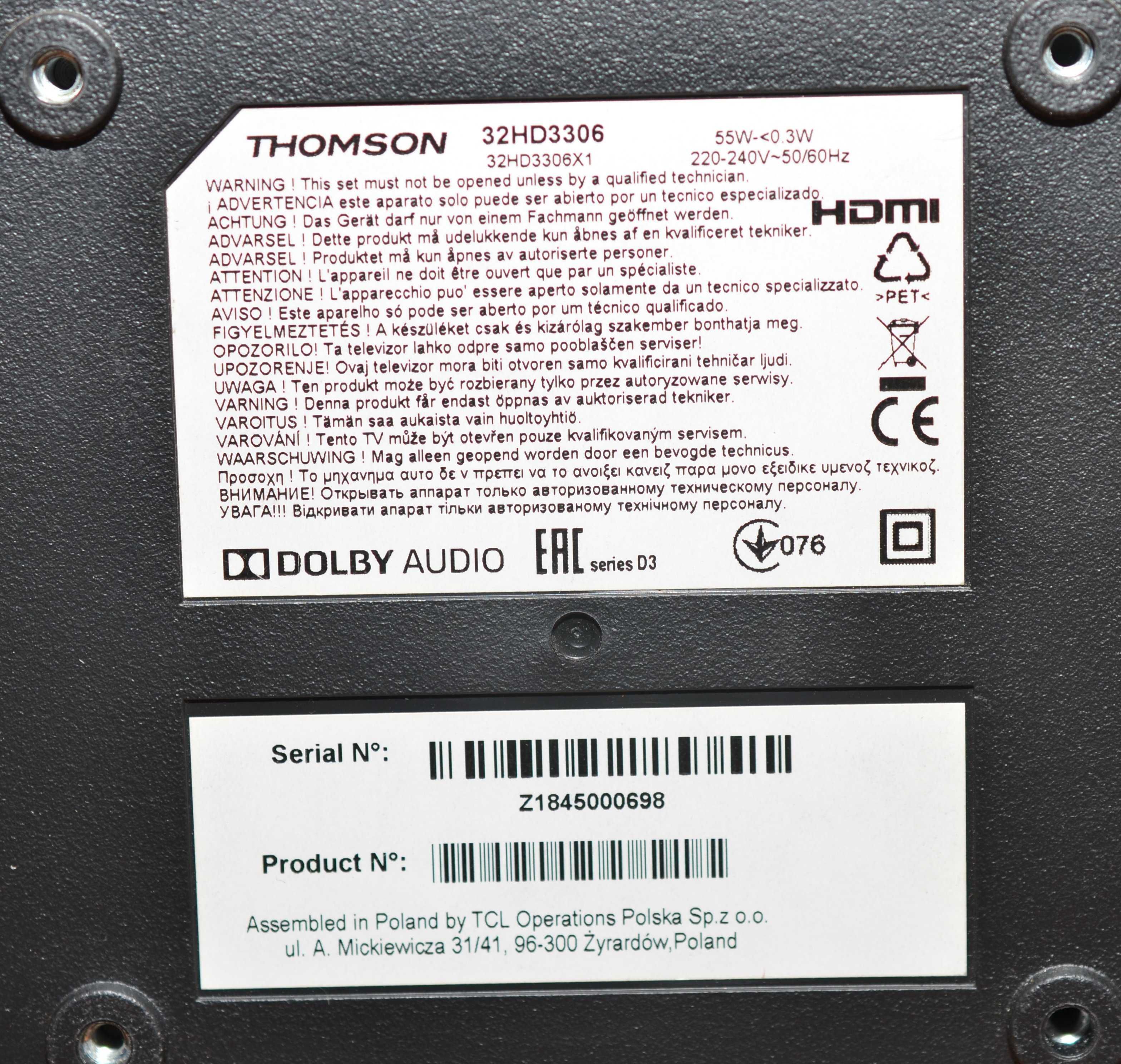 Thomson 32HD3306 telewizor 32" cale LED HD + pilot