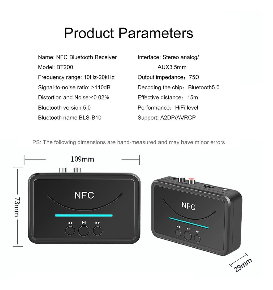 Bluetooth 5.0 приемник NFC 3,5 мм RCA AUX. Беспроводной адаптер A2DP