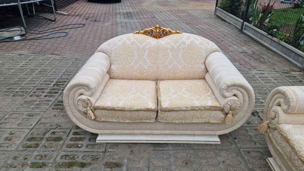 Sofa włoska 3+2 Chesterfield Antyczna Funkcja spania złota zestaw