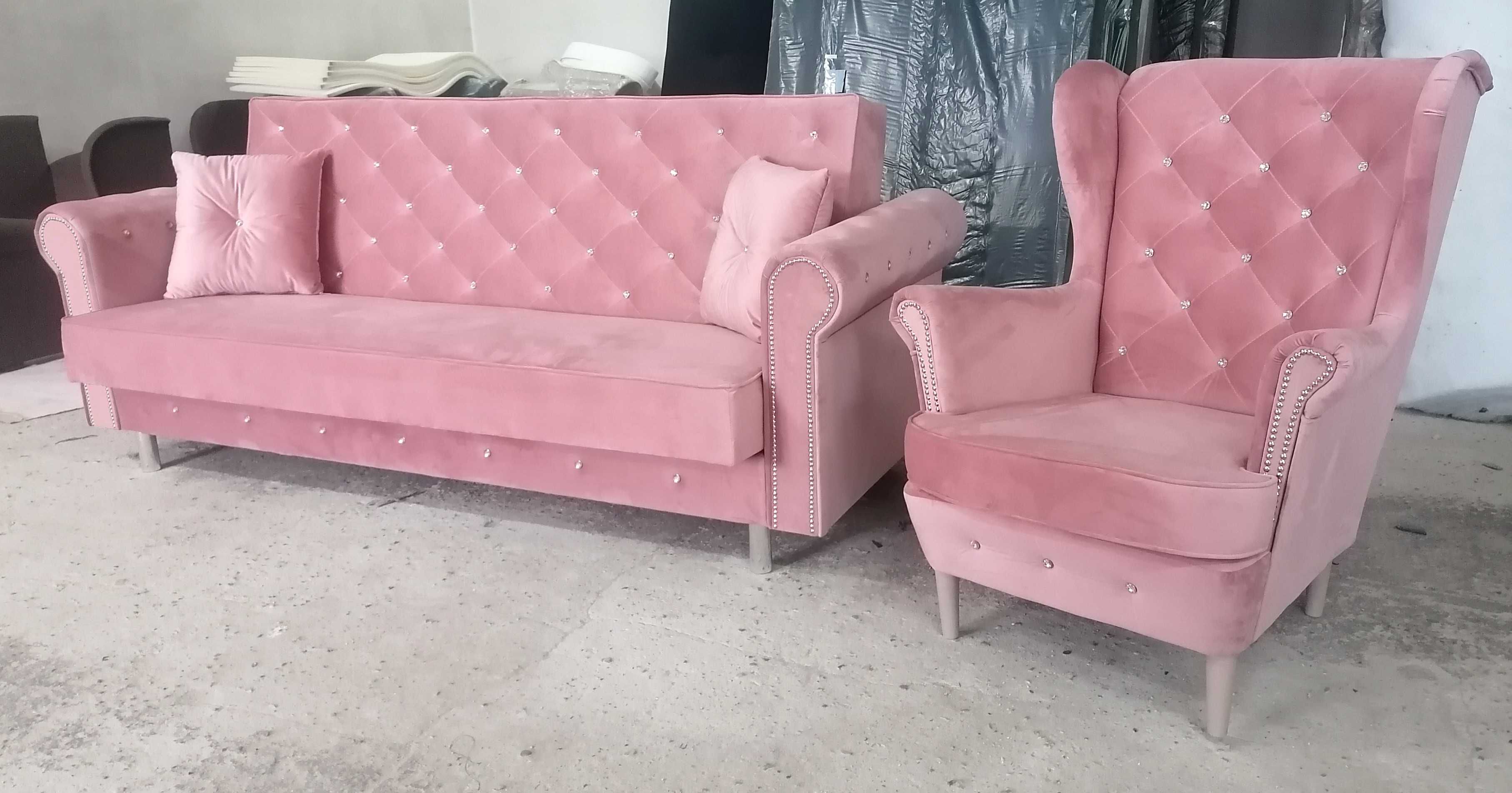 RATY komplet zestaw Glamour Chesterfield kanapa sofa rozkładana uszak