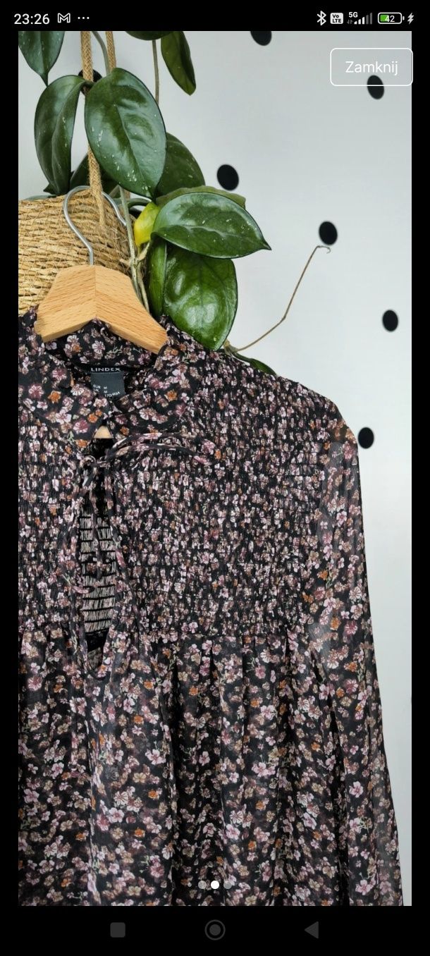 M/L/xl czarna w kwiaty luźna rozkloszowana bluzeczka koszula wiązana b