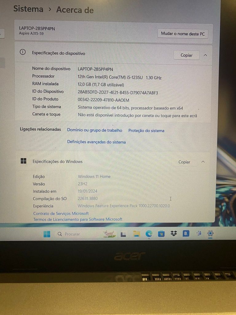 Vendo portátil acer Aspire 3 A315-58 "novo"