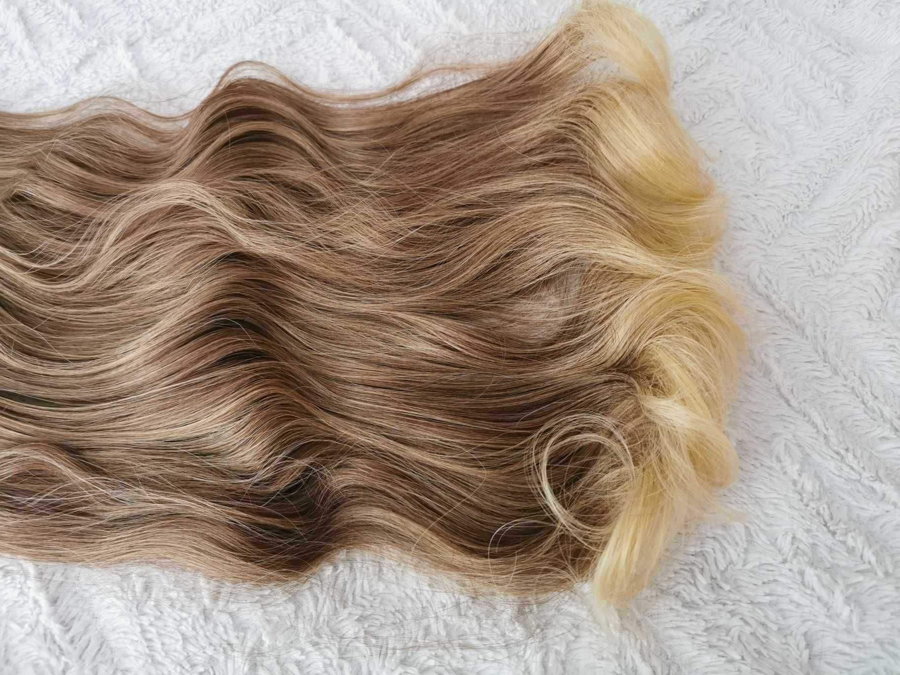 Doczepiane włosy clip in 65 cm pasemka jasny orzechowy brąz