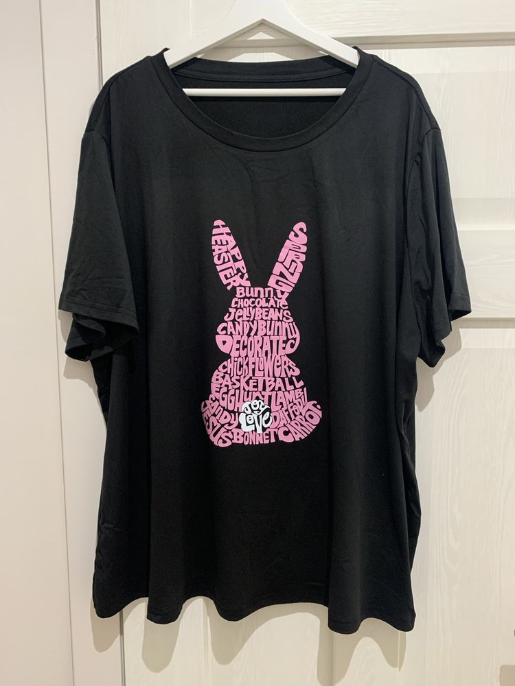 Modna czarna bluzka t-shirt śmieszny nadruk królik rozmiar 54 nowa