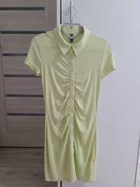 Piękna, limonkowa sukienka na krótki rękaw z guzikami - rozmiar S/M