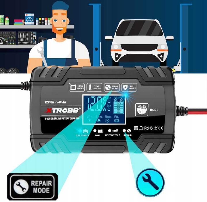 Prostownik AUTOMATYCZNY Z Funkcją NAPRAWY LCD Temperatura 12V 24V 8A