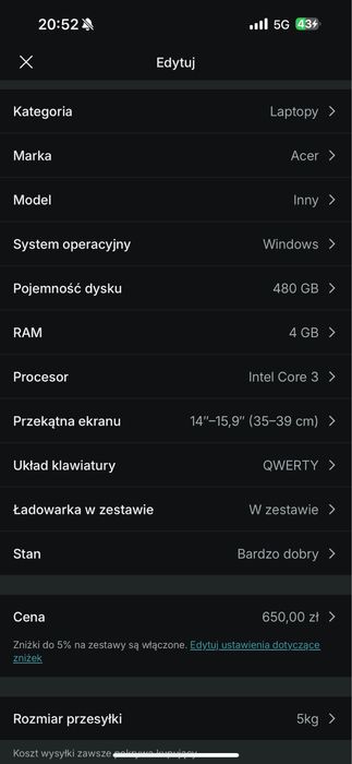 Laptop Acer e5-571 nowy dysk!