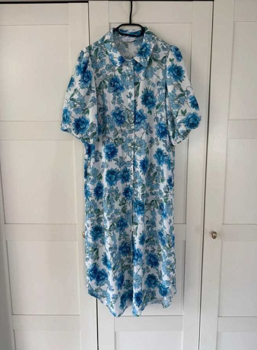 Reserved lniana kolorowa sukienka midi w kwiaty L/XL