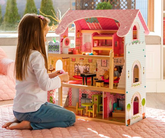 Rezydencja Pastelowa- Drewniany Domek dla lalek + 15 mebelków, 4 lalki