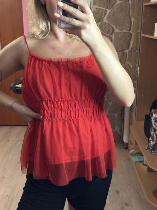 Czerwona tiulowa bluzka na ramiączkach H&M 36 S