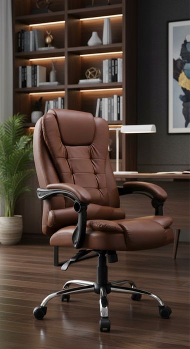 Fotel biurowy obrotowy z ekoskóry – brązowy, regulowany, wygodny