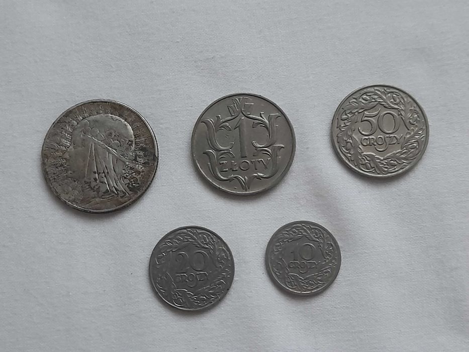 Przedwojenne polskie monety 5 i 1 zł, 50, 20, 10 gr (1923-33)