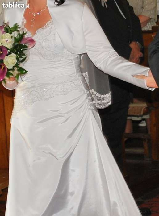 Biała długa suknia ślubna koronka gorset 40/42 z welonem i bolerkiem