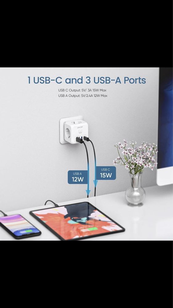 LENCENT мережева розетка подовжувач USB Type-C-7в1 зарядное устройство