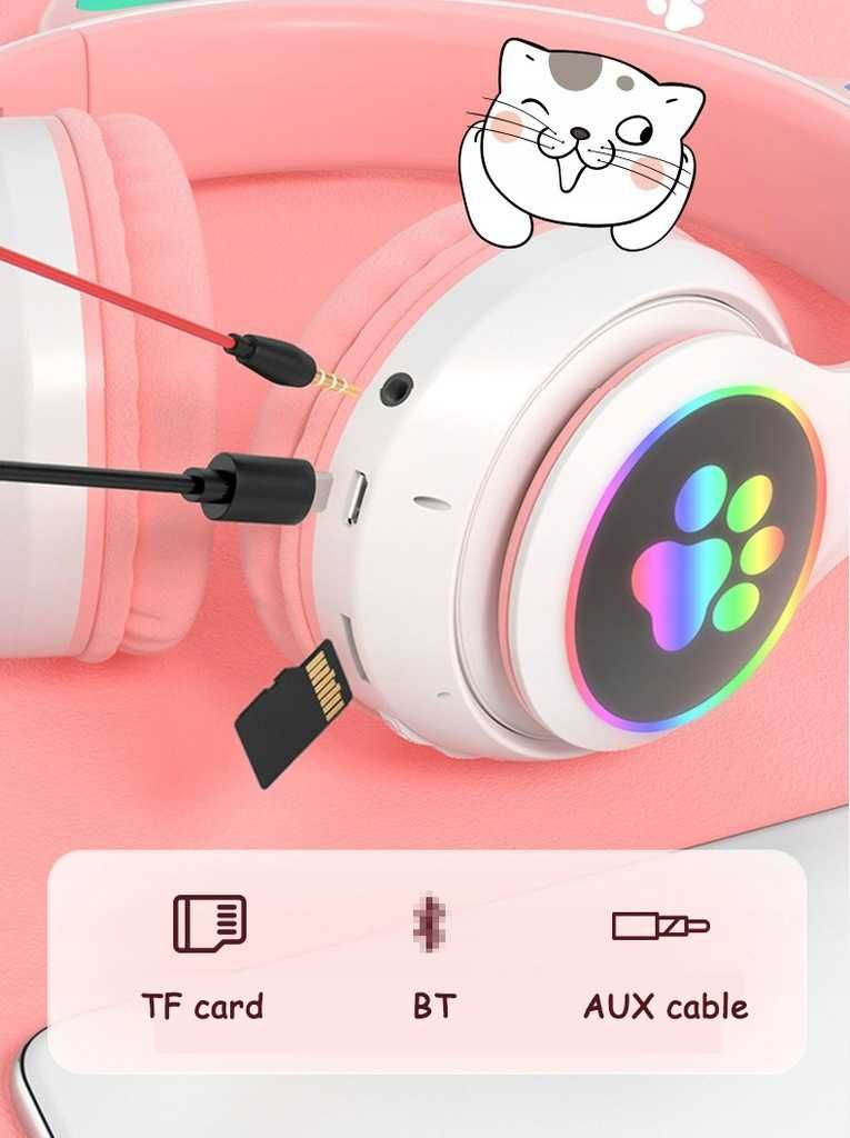 SŁUCHAWKI Dla Dzieci Bezprzewodowe Z Uszami BLUETOOTH RGB Kocie Uszy