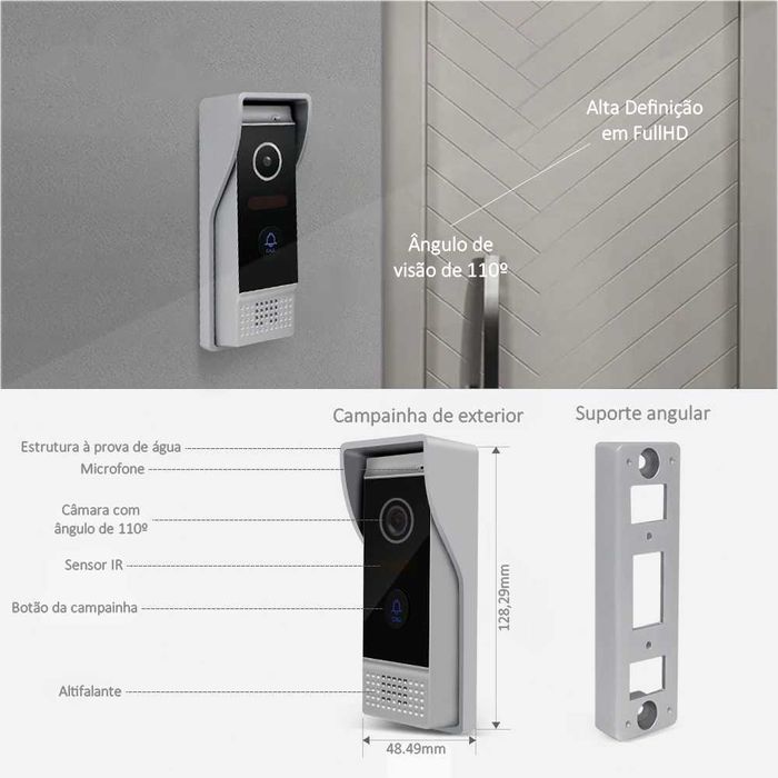 Vídeo Porteiro Tuya * S/ Fios * WiFi * Ecrã Tátil Cores * 2 Campainhas