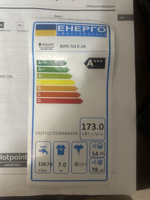 Пральна машина вузька HOTPOINT ARISTON RSPD 723 D UA