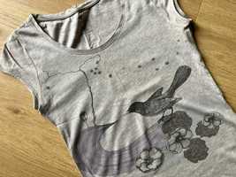 koszulka bluzka T-shirt H&M ptak kos beż melanż  XS 34/ 36