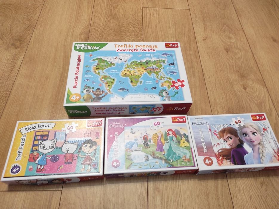 Puzzle 4+, Frozen II, Princess, kicia kocia, mapa świata