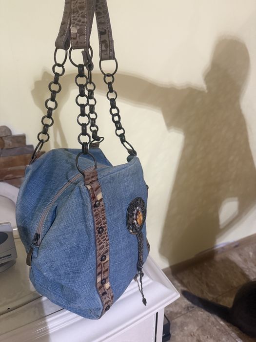 Ковбойські джинсові чобітки з шкіряними вставками та сумка