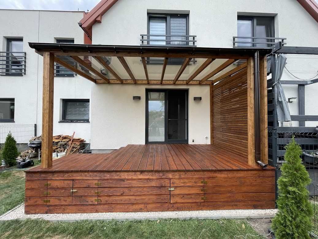 Pergola z drewna klejonego BSH, zadaszenie tarasu, poliwęglan