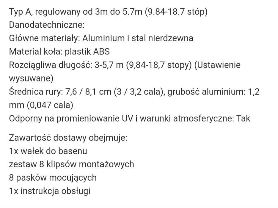 Regulowany zwijacz pokrywy basenowej 3.0-5.7 m