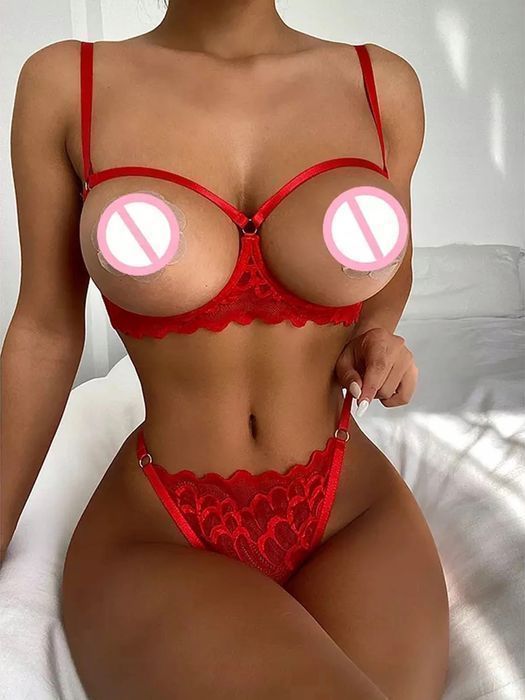 Koronkowy komplet bielizna otwarty biust krocze czerwony