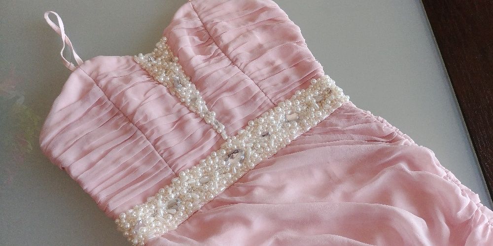 Sukienka pudrowy róż pudrowa perły perełki 34 XS