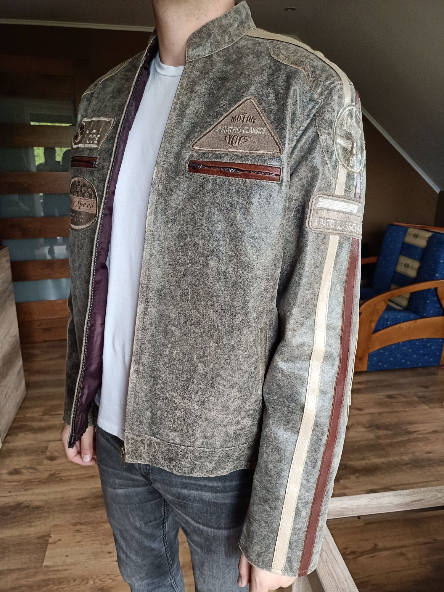 Męska skórzana kurtka biker, L/XL, Aviatrix