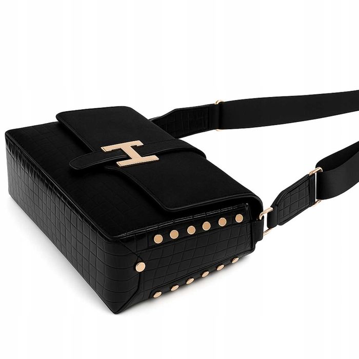 Torebka Damska Listonoszka Na Ramię Czarna Skóra Ekologiczna Zamsz