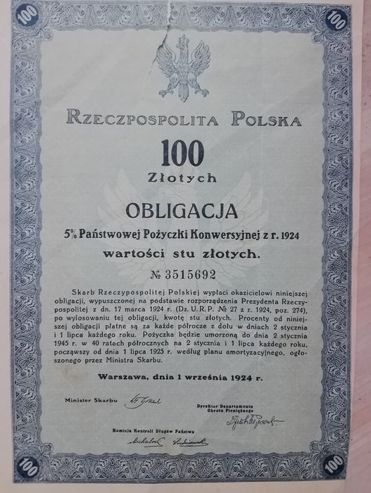 Obligacja pożyczki konwersyjnej 1924 rok antyk papier wartościowy
Nr