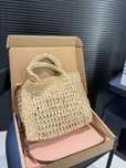 Сумка пляжна Miu Miu Crochet Raffia Tote Bag with Brown Leather Strap