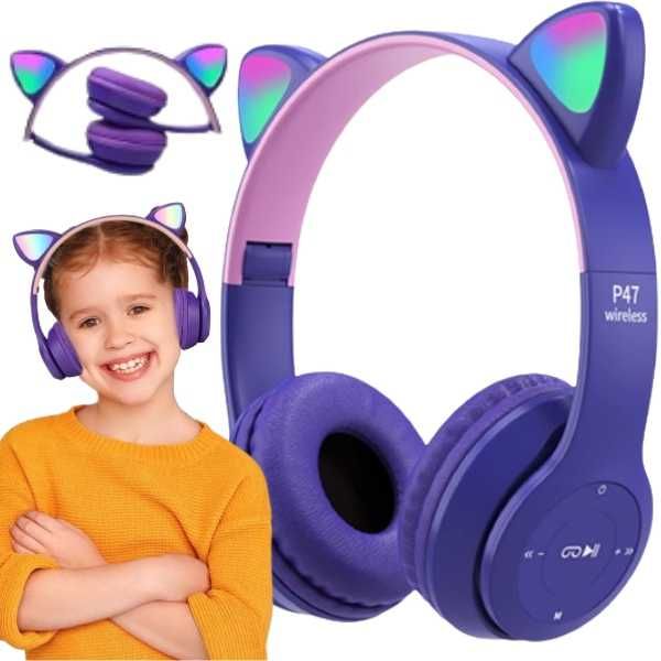 Słuchawki bezprzewodowe P47M RGB kocie uszu FIOLETOWE