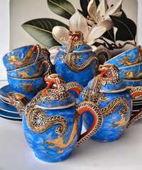 Serwis smoczy do kawy Japonia litofonia piękna stara porcelana