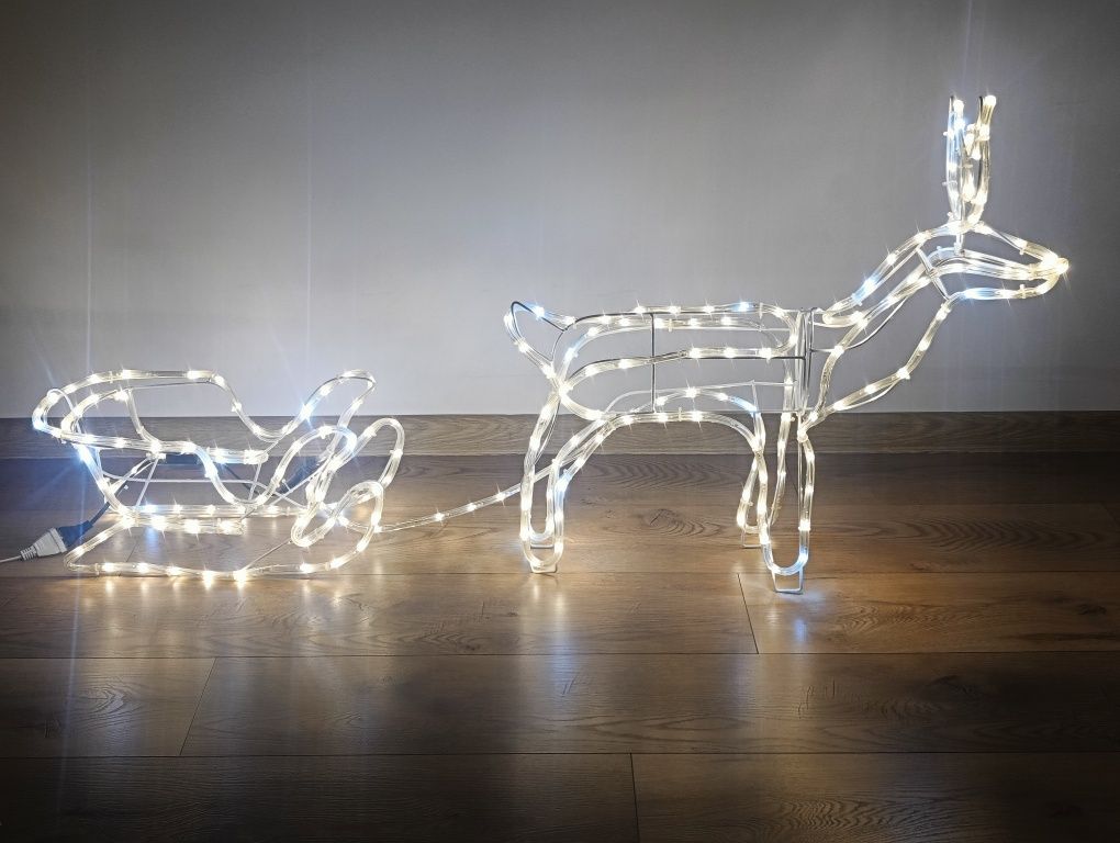 Renifer + sanie zaprzęg sanki LED 3d świetlny biały ciepły + flash