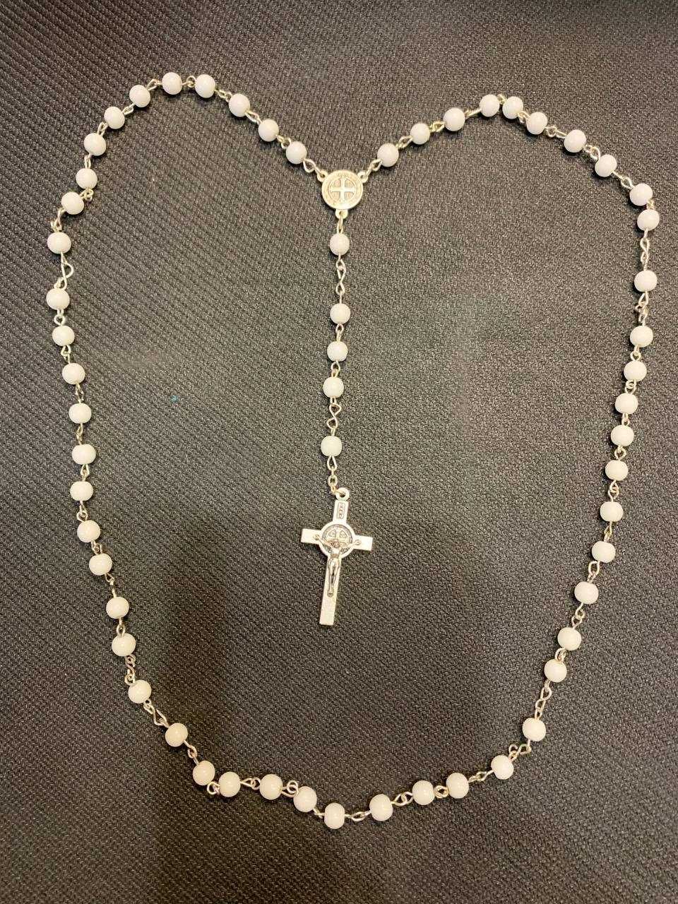 Розарий белый молочный камень Ожерелье колье Бусы с крестом