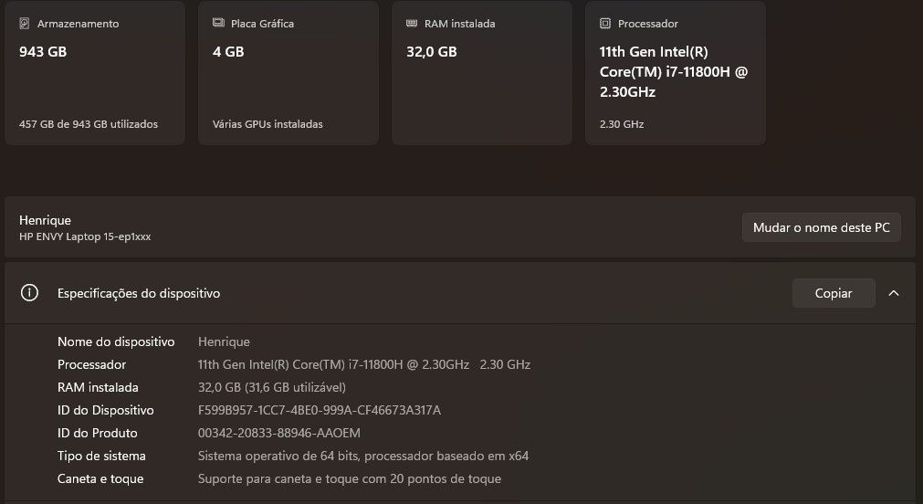 Portátil HP ENVY 15 i7-11800H 32GB de RAM 1TB SSD RTX 3060