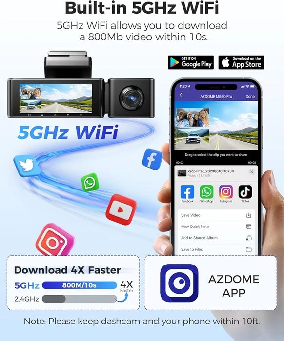 AZDOME M550 Pro 5G WiFi 3 canais Dash Cam Built-in GPS, 4K Dual Dash C