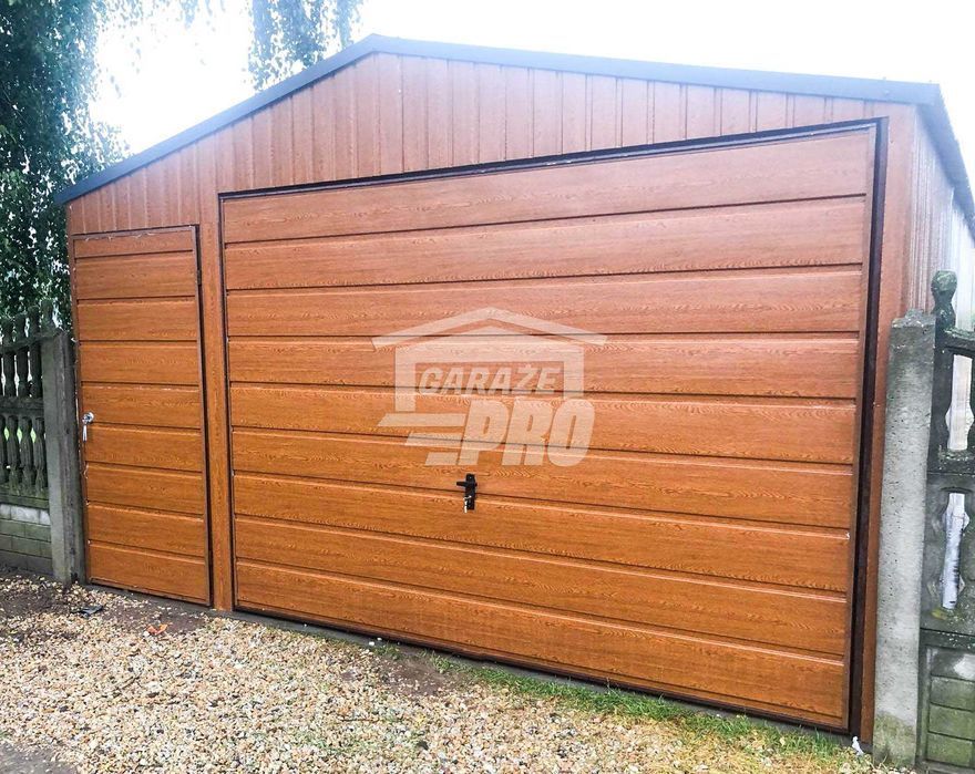 Garaż blaszany 4x6 Brama + drzwi drewnopodobny Dach dwuspadowy GP95