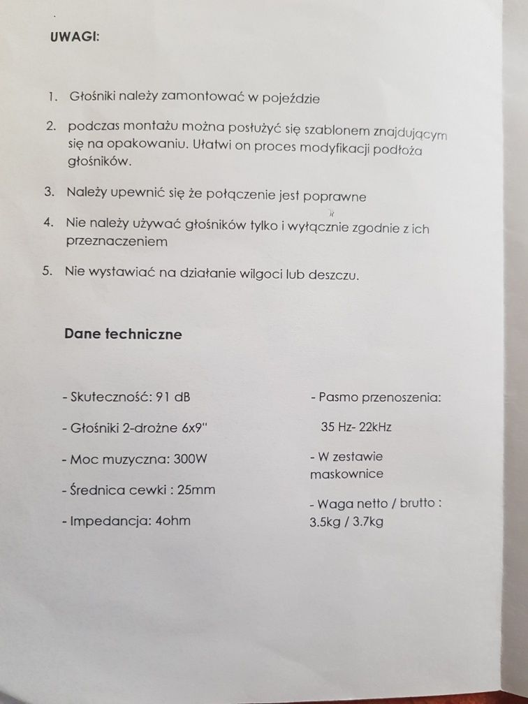 Zestaw głośników samochodpwuch 2x 300w 6x9