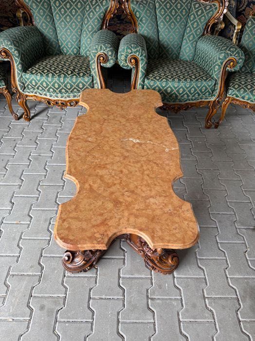 Włoska rzeźbiona ława z marmurowym blatem