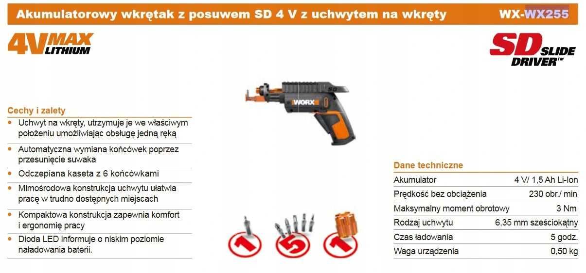 Wkrętak WORX SD WX255 Półautomatyczny Podręczny Bateria MaxLithium 4 V