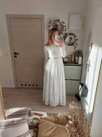 Przepiękna biała suknia ślubna koronkowa z długim rękawe XS 34 vintag