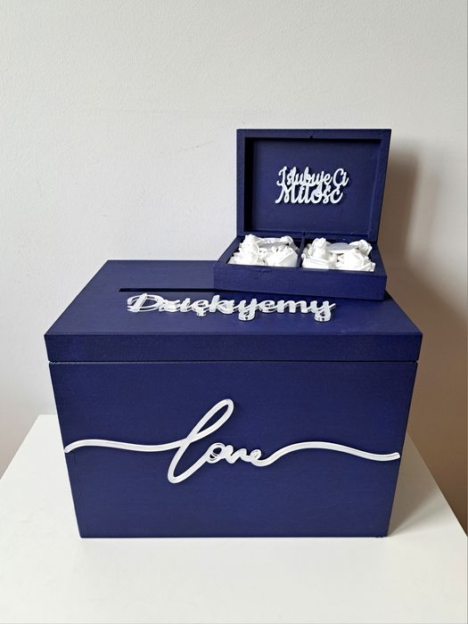 Pudełko na koperty obrączki Lustrzany srebrny napis granatowe