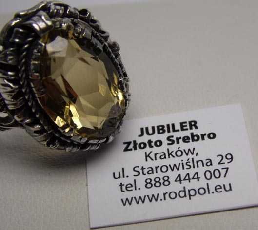 Srebrny pierścionek z cytrynem ażurowa obrączka z kwiatami